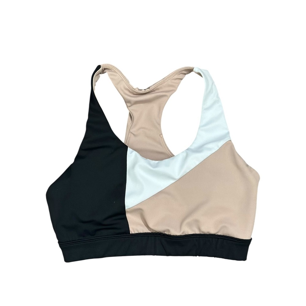 Allfenix Colorblock Racerback Padded Sports Bra Black Tan White Women's Small